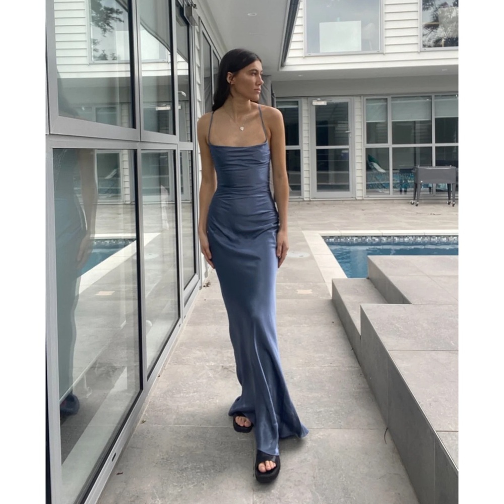 Shona Joy La Lune Cowl Neck Satin Lace Back Maxi Dress Smoke Blue - Picture 5 of 16